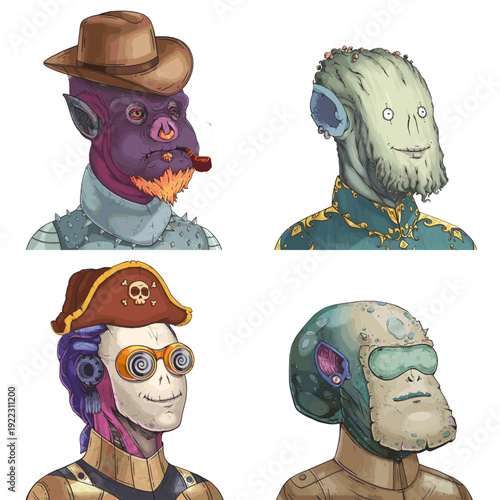 Alien avatar pack of spiked punk, mushroom druid, armored cyborg and spotted reptilian trooper editable digital character set