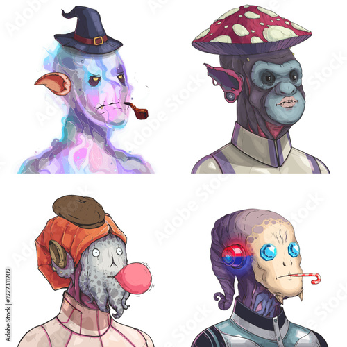 Cool alien avatar pack of glowing ethereal spirit, purple gorilla soldier, spotted squid and purple space mutant vector character design set
