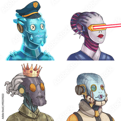 Alien avatar pack of frozen golem, masked aristocrat, dreadlocked hunter and augmented engineer editable digital character set