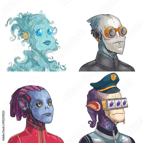 Groovy alien avatar pack of ghostly undead phantom, grey sleek spy, red cyberpunk officer and purple space mutant editable digital character set