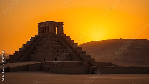 Majestic stepped ziggurat ruins at twilight against golden desert sky. real-estate listings, architecture portfolios, designed for real-estate listing and luxury residence showcases.