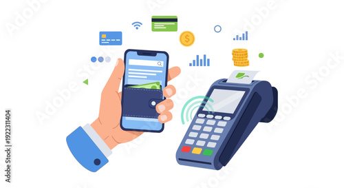 Contactless Mobile Payment Illustration: Hand holding smartphone transfers money to POS terminal. Digital banking, NFC technology, and secure transaction.