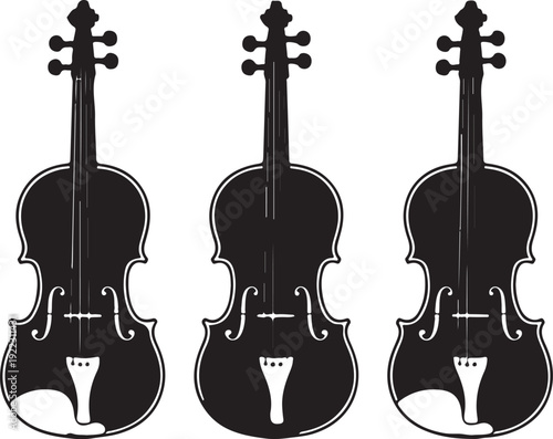 Set of three black silhouettes of violins isolated on a white background. Vector illustration.