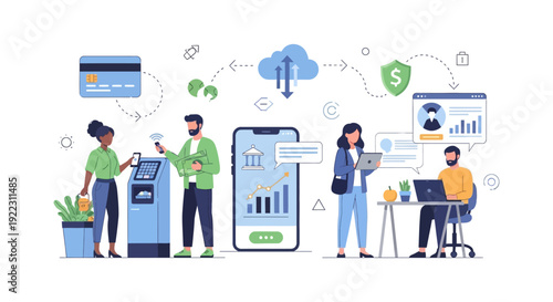 Digital Banking and Fintech Ecosystem. People managing finances using Mobile App, ATM, Contactless Payment, and Cloud Technology. Secured online transactions.