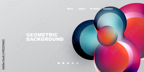 Abstract design features vibrant overlapping circles. Gradient colors blend into dark background. Minimalist text highlights website navigation options.