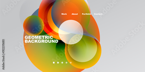 Abstract colorful shapes overlap. Gradient hues create dynamic visual effect. Text elements present work, about, portfolio, contact. Minimalist design.