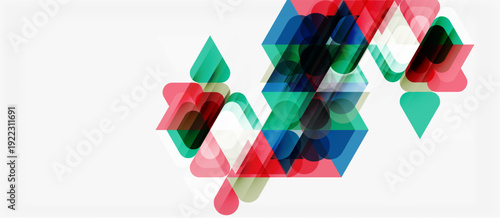 Abstract geometric shapes overlap, creating colorful patterns. Red, green, blue hues dominate design. Minimalist composition.