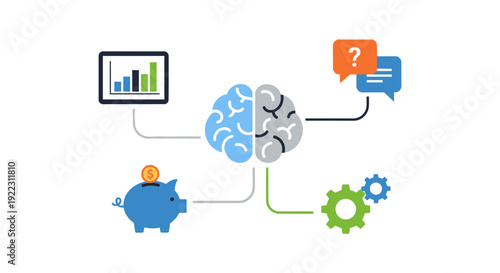 Holistic Business Strategy and Decision Making Process Diagram. Brain Connected to Finance, Data Analysis, Communication, and Workflow Gears.