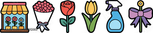 Flower Shop Outline Icon Set  Bouquets, Roses, and Tulips