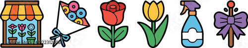 Flower Shop Outline Icon Set  Bouquets, Roses, and Tulips