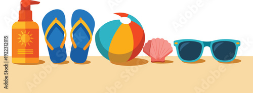 Summer Beach Essentials Outline Icon Set  Sunscreen, Flip Flops, and Shells
