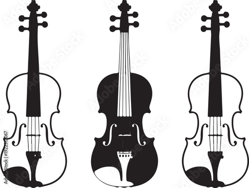 Set of three black silhouettes of violins isolated on a white background. Vector illustration.