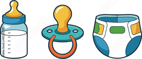 Baby Care Essentials Outline Icon Set  Bottle, Pacifier, and Diaper