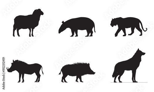 Silhouettes of sheep, rhinoceros, warthog, lion, wild boar, and wolf showcasing wildlife diversity, strength, adaptation, predator-prey dynamics, and natural habitats.
