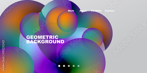 Abstract colorful circles overlap dark background. Menu options present top right. Geometric text visible center left. Modern design elements.