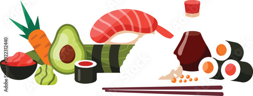 Sushi Ingredients Outline Icon Set Salmon, Avocado, and Condiments