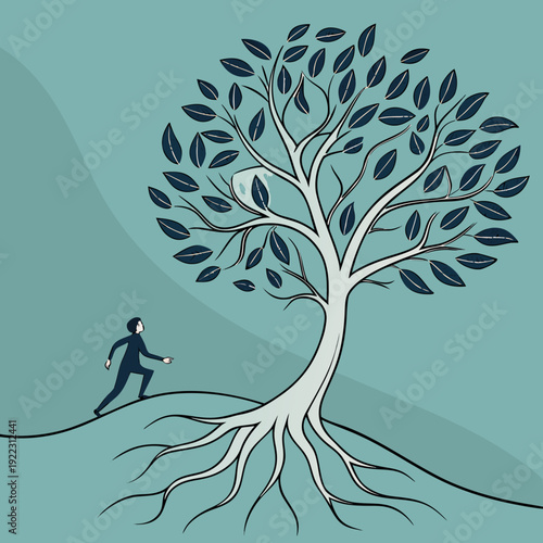 Businessman walking on tightrope with tree roots and leaves