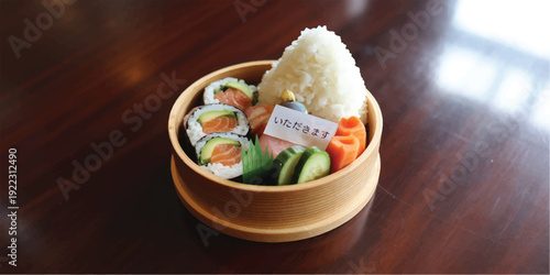 Delicious sushi rolls with rice and vegetables in bamboo bowl on wooden table