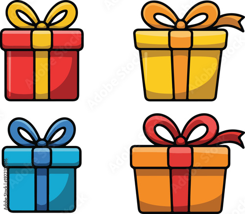 Cartoon Gift Box Outline Icon Set  Ribbons and Decorative Bows