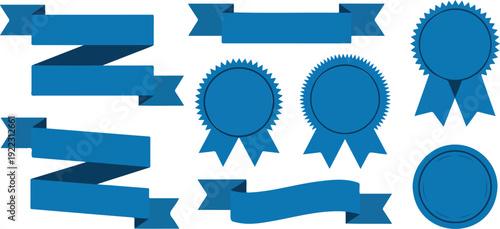 Blue Ribbon Banner Outline Icon Set  Award Seals and Achievement Badges