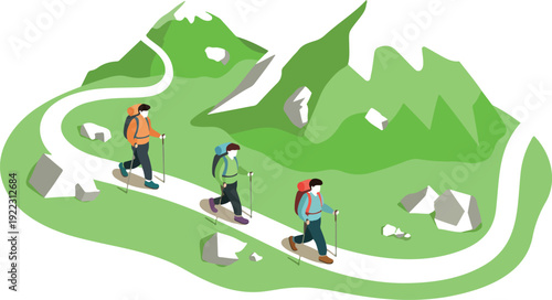 Group of three hikers with backpacks and trekking poles walking along a winding mountain trail in a green landscape