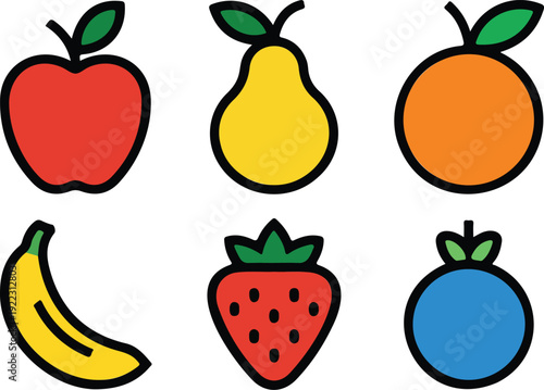 Colorful Fruit Outline Icon Set – Apple, Pear, Orange, Banana and Berry Collection