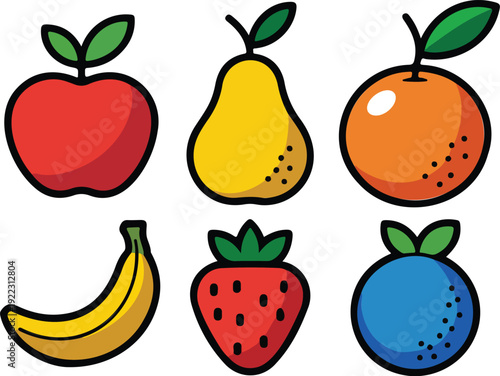 Colorful Fruit Outline Icon Set – Apple, Pear, Orange, Banana and Berry Collection