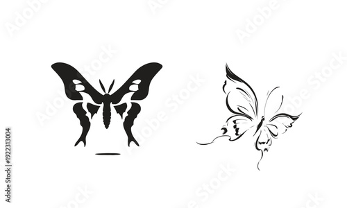 Atlas moth and butterfly silhouettes in bold black vector style, showcasing delicate wings, symmetrical patterns, and graceful flight poses, perfect for nature, insect, wildlife, logo, tattoo.