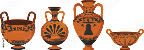 Ancient Greek Pottery Outline Icon Set  Traditional Geometric and Floral Vessels