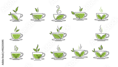Collection of Green Tea Cups with Fresh Leaves and Steam.