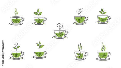 Collection of Green Tea Cups with Fresh Leaves and Steam.
