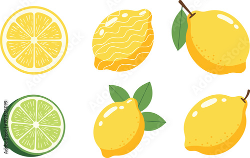 Flat vector illustration set of fresh yellow lemon and green lime collection whole and sliced with leaves isolated on white background for citrus fruit.