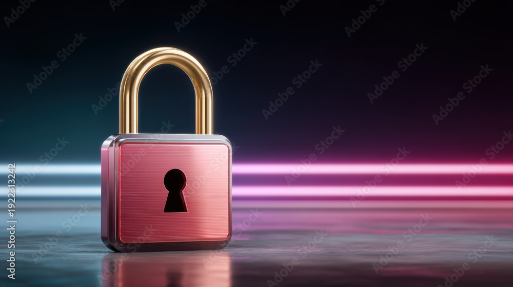 Naklejka premium Cybersecurity padlock reflective surface with neon light streaks evoking secure data protection