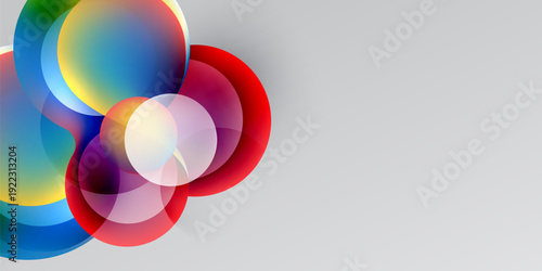 Abstract circles overlap, creating vibrant color blends. Gradient transitions dominate composition, contrasting dark, light areas.