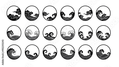 Collection of Japanese Wave Illustrations in Circular Frames.