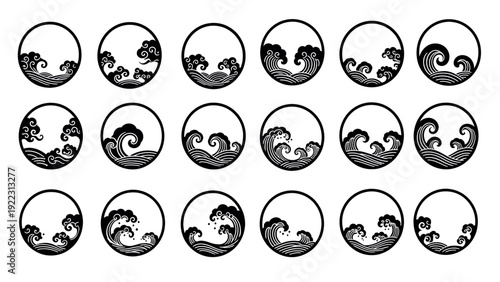 Collection of Japanese Wave Illustrations in Circular Frames.