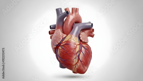 Realistic anatomical 3D illustration of the human heart showing chambers, major vessels, coronary arteries and veins, highlighting cardiac structure responsible for pumping blood through systemic and 