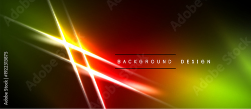 Vibrant neon lines intersect over dark background. Red, yellow, green hues create dynamic visual effect. Modern design element.