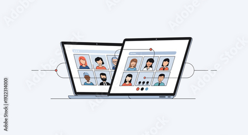 Two laptops displaying a video conference with multiple participants.