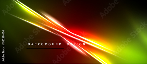 Abstract vibrant lines intersect dark background. Yellow, red, green hues create dynamic visual effect. Modern design element.