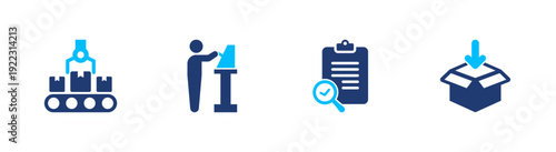 Manufacturing process icon set. production, assembly, quality, inspection, packaging. solid style icon collection