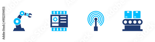 Industrial automation icon set. robotics, manufacturing, control, sensor, machinery. solid style icon collection.