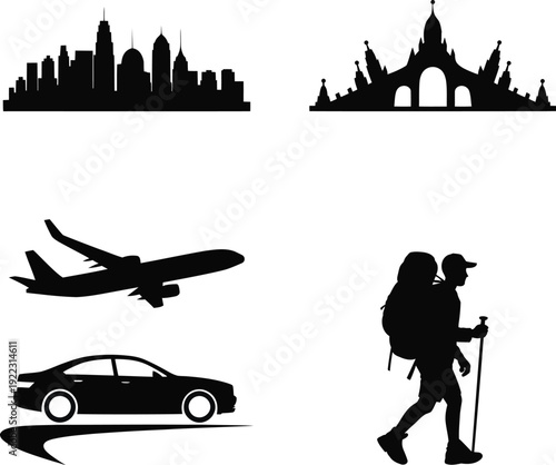 Black silhouettes of city skyline airplane car and traveler