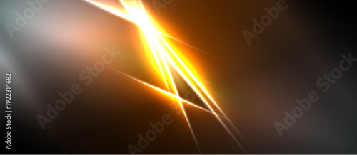 Abstract light streaks radiate from bright center. Dark background contrasts with warm, glowing lines. Dramatic visual effect.
