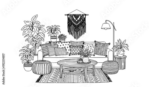 Cozy boho living room interior doodle line art vector