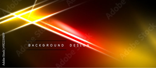 Abstract background features vibrant orange, red, yellow light streaks. Diagonal lines create dynamic visual effect. Dark space surrounds bright center.