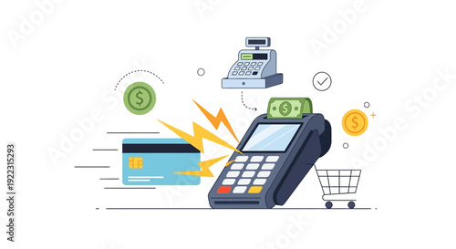 Fast Digital Payment Processing Illustration. Credit Card Transaction at POS Terminal with Cash Register and Money. E-commerce and Retail Technology Concept.