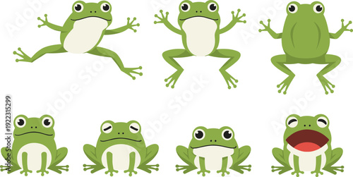 Flat vector illustration set of cute green frog character collection with various poses including jumping sitting and smiling faces for nature and education concept.