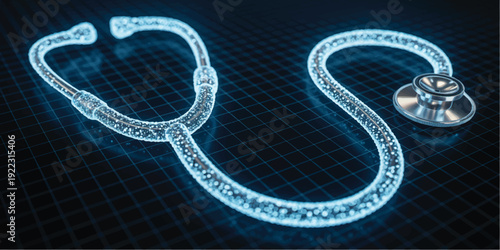 Digital illustration of a stethoscope on a blue grid background  medical technology concept