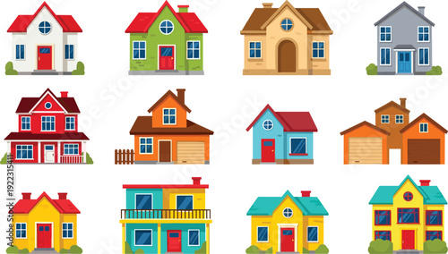 Flat vector illustration set of colorful small house collection including modern architecture suburban homes and residential buildings for real estate property listing concept.